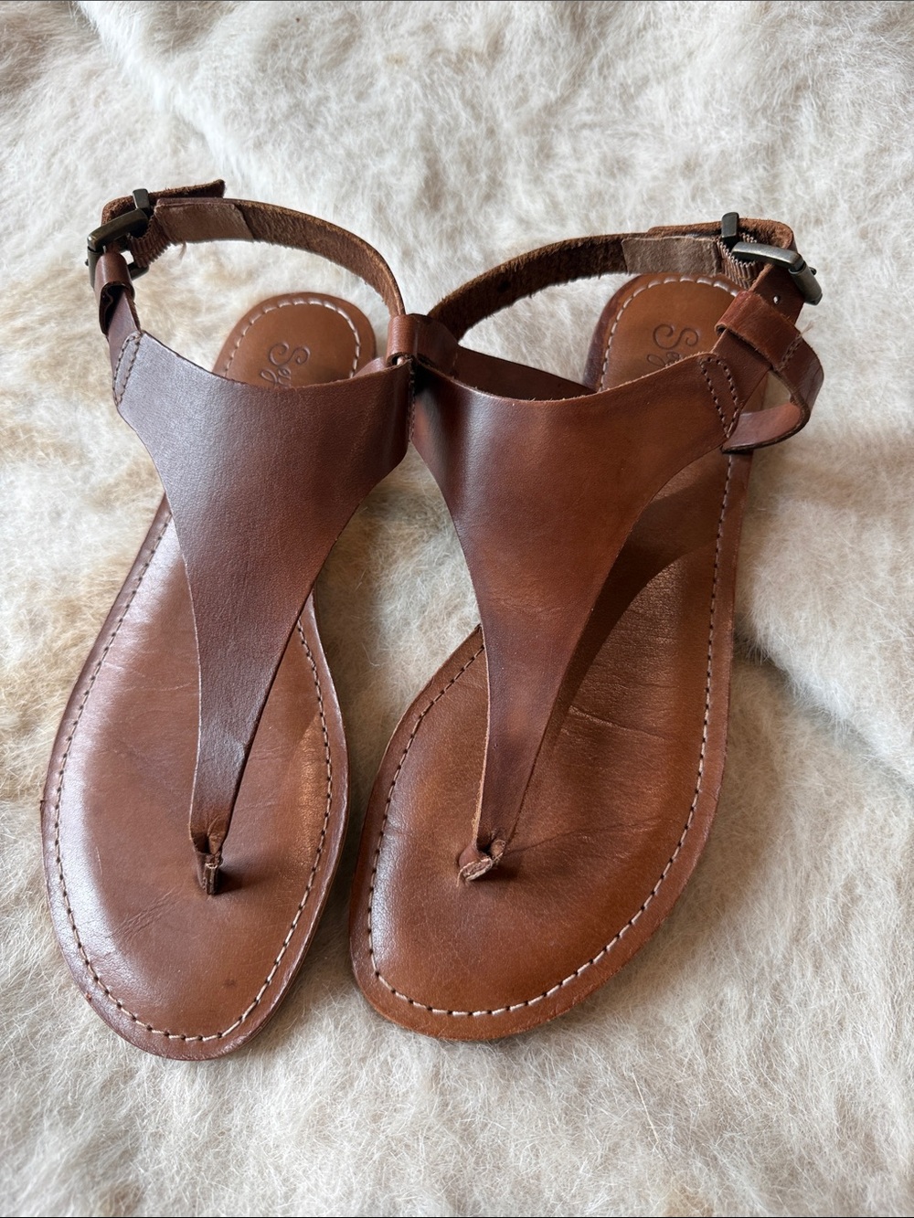 Seychelles Brown Leather T-Strap Ankle Buckle Sandals